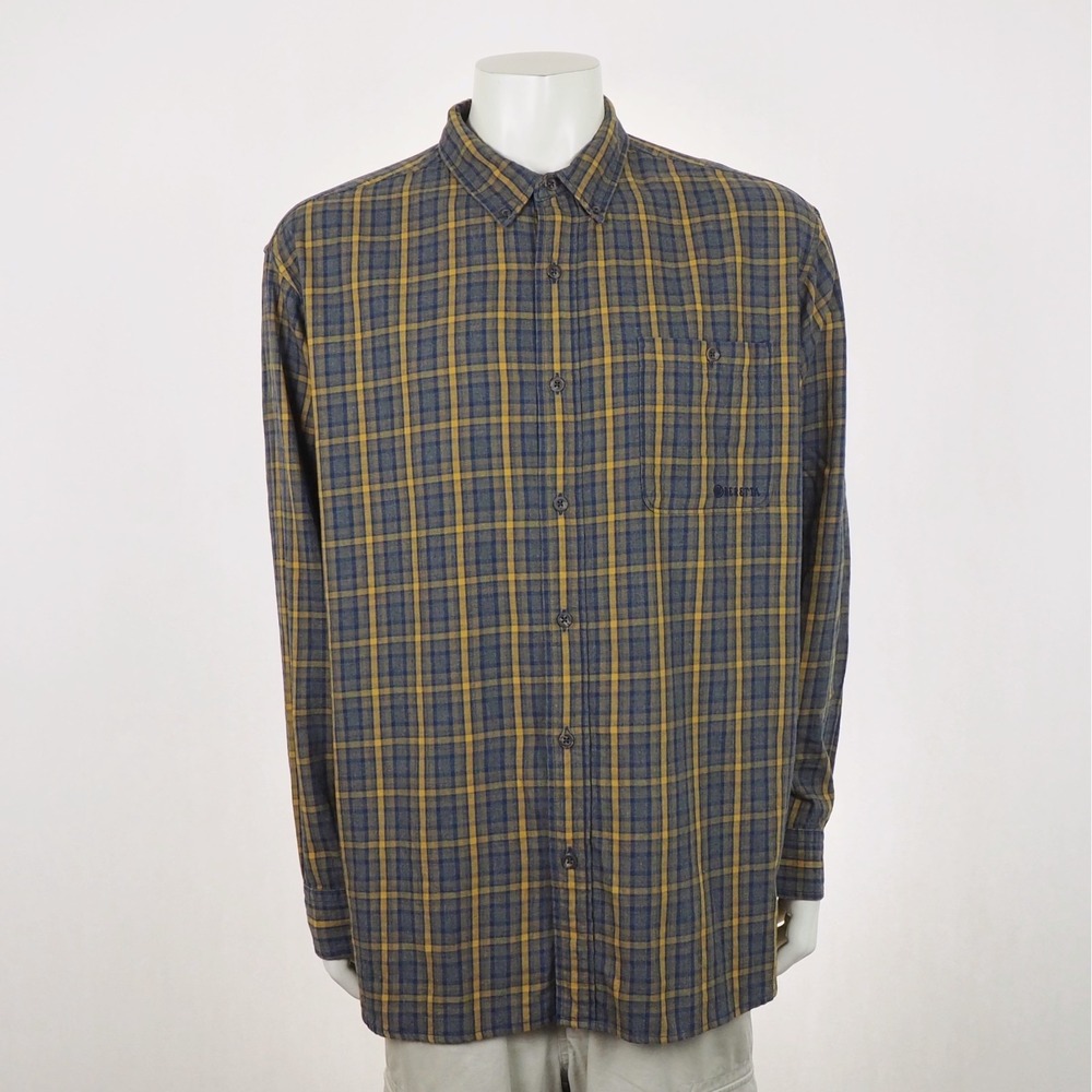 Beretta Button Down Shirt Mens 2XL XXL Blue Plaid Cotton Hunting Shooting Camp